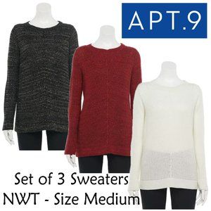 APT 9 -Set of 3- Mitered-Front Boatneck Tops - MED